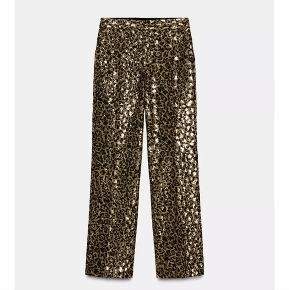 ZARA ANIMAL PRINT SEQUIN STRAIGHT LEG PANTS